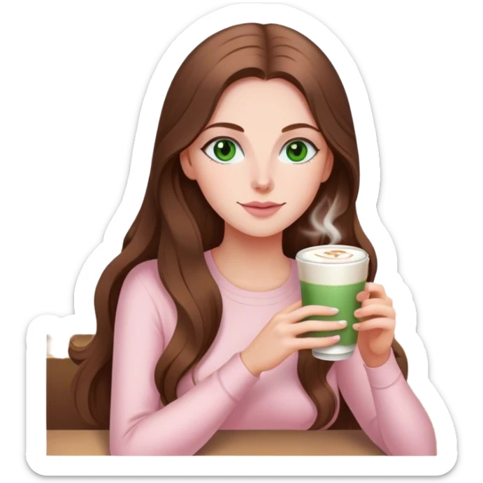 pretty woman with very long brown hair and green eyes and light pink outfit drinking a latte sticker