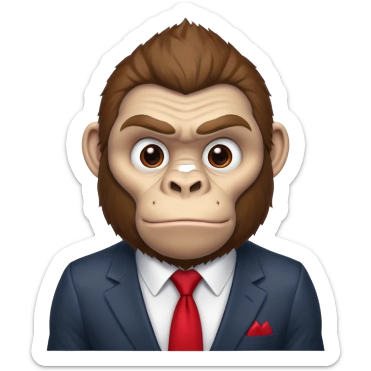 Brown haired cartoon gorilla with tufted tip of hair on the top of his head, light skin tone, heavy brows and cartoony eyes, he is a strong ape with and a red tie, but doesn't were any suit  sticker
