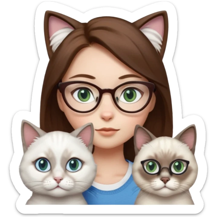 O fata cu parul saten cu ochii griji-albastrii ,ochelari și codițe de pisica ..și langa o pisicuță alba pufoasa ,cu ochii verzi și o a doua pisica siameza pufoasa cu capul maro -negru și coada ,restul corpului un maro deschis spre alb  , ochii albaștrii  sticker