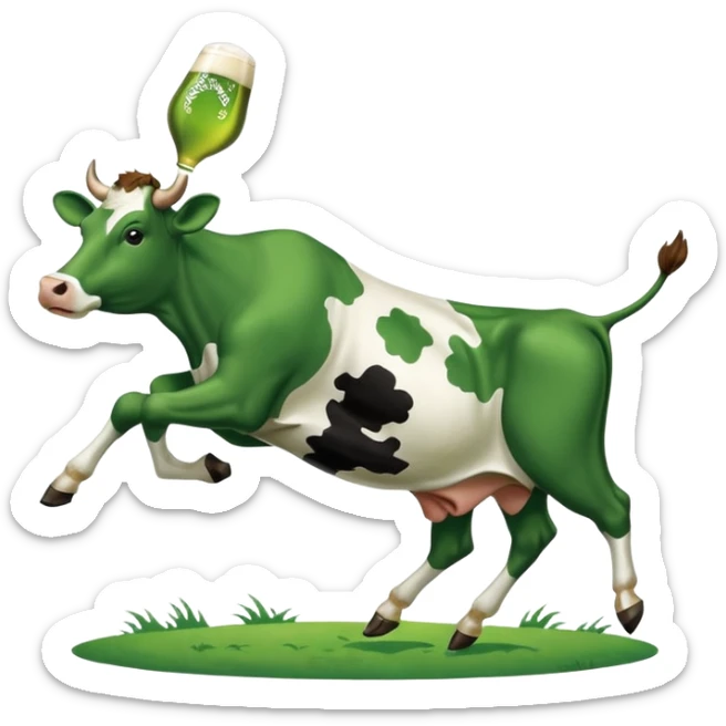 simplified New Glarus Spotted Cow beer label, cow jumping over state of Wisconsin, green and white colors sticker