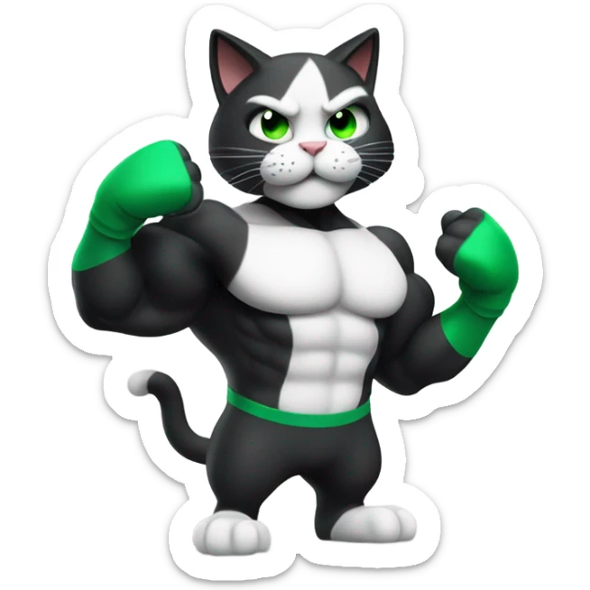 Ultra Muscular gigachad black and white Cat with green eyes flexing His biceps sticker