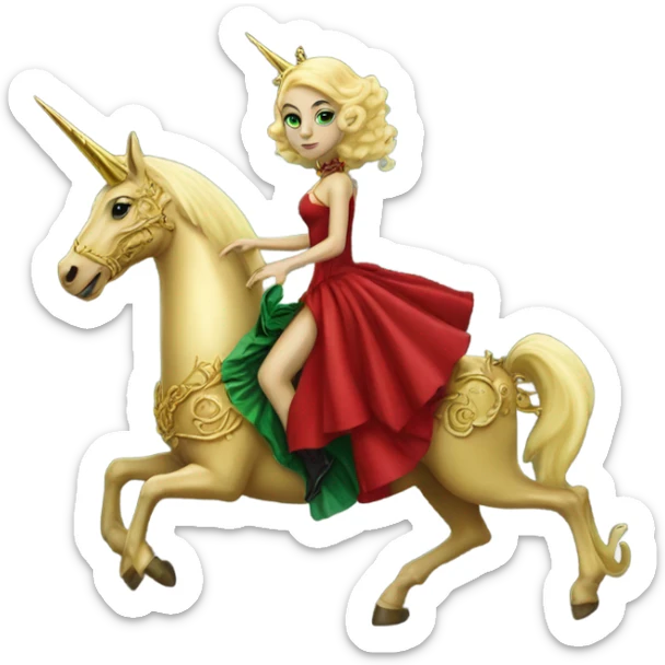 "galora green blonde alien woman" in red Victorian elegant dress, full body, rides unicorn gold
NO WOKE
 sticker