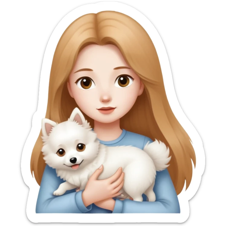 long light brown hair girl with pale skin holding one white Japanese spitz dog in her arms sticker