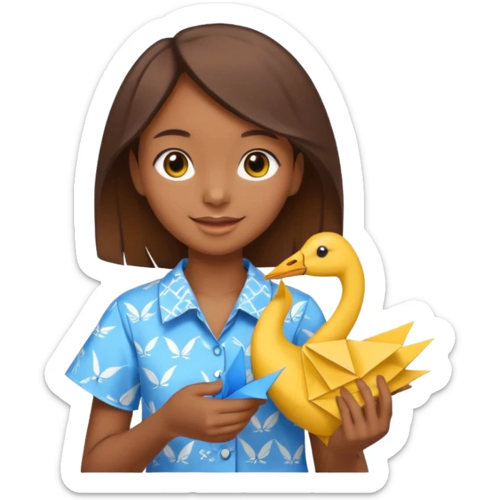 happy-african-young-girl-with-brown-hair-in-a-white-colorful-vintage-kanga-shirt-holds-an-origami-yellow-and-blue-crane sticker