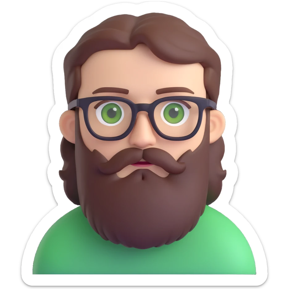 white male mid 30s green eyes black square glasses long brown beard with short brown hair sticker