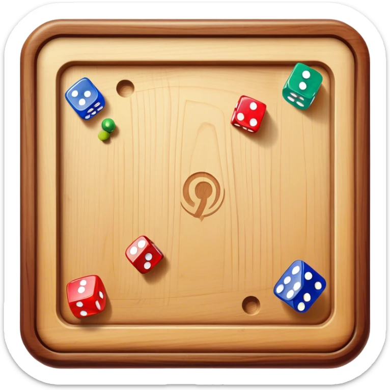 A photorealistic icon featuring a wooden board with a variety of game pieces, dice, a spinning top, and a set of colorful tokens. The design includes a rich, detailed texture of the board and game pieces, capturing the fun and strategy of different tabletop games. Transparent background. sticker