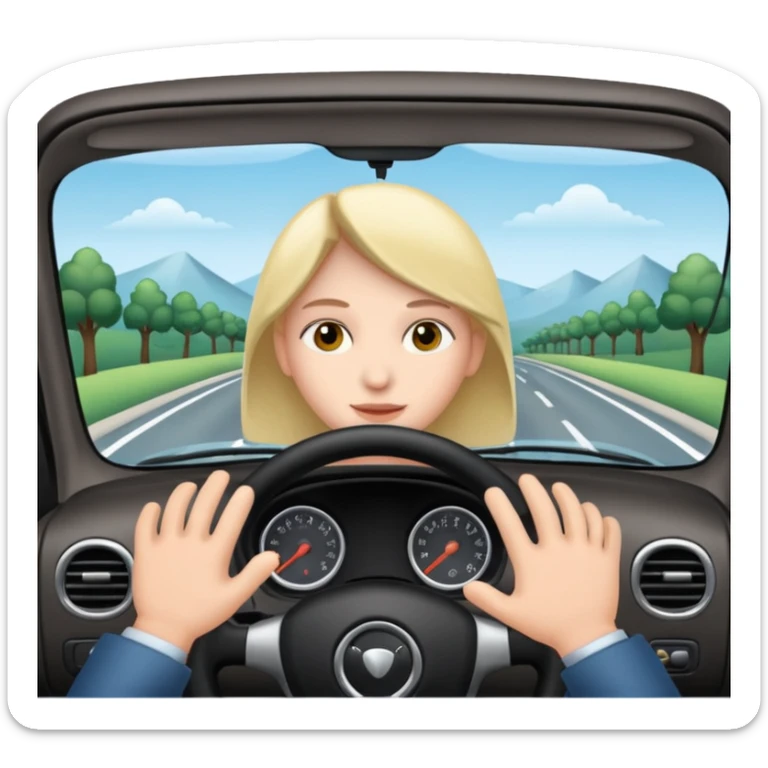 Crea un emoji con fondo transparente en PNG de una persona manejando un vehículo, que se vea desde el parabrisas frontal. sticker