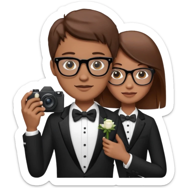 Un fotógrafo con pelo moreno, gafas, cámara en la mano derecha, fotografiando una boda sticker