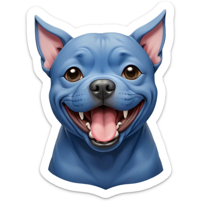 Cinematic Cute Yawning Blue Staffordshire Bull Terrier Portrait Emoji, Head tilted slightly with a dramatic, wide-open yawn, showcasing a smooth blue Fur with a refined texture, floppy ears slightly drooping, round dark eyes barely open in drowsy contentment, Simplified yet irresistibly adorable features, highly detailed, glowing with a soft, cozy glow, high shine, relaxed yet expressive, stylized with a touch of whimsy, bright and endearing, soft glowing outline, capturing the essence of a sleepy yet affectionate guardian, so drowsy it feels like it could stretch right out of the screen and curl up for a nap! sticker