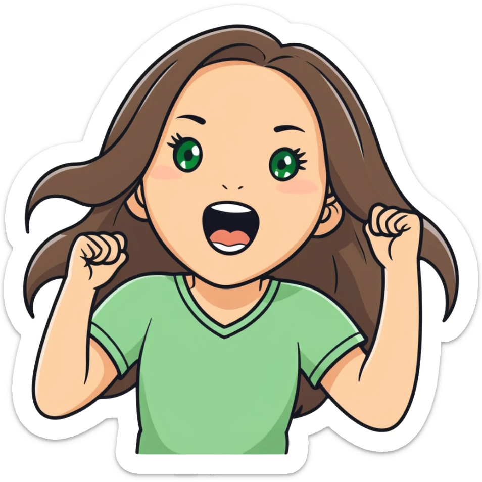 white girl, long brunette hair, green eyes screams with delight and rejoices in victory sticker