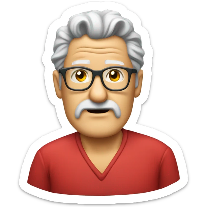 old man with mullet hair mullet goatee necklace shrugging shoulder glasses red shirt sticker