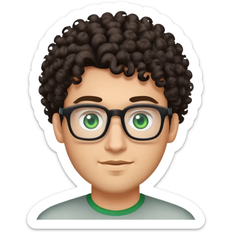 young man with dark tall voluminous curly hair styled up high on head, wearing glasses with green eyes and very light stubble, with a slight smile sticker