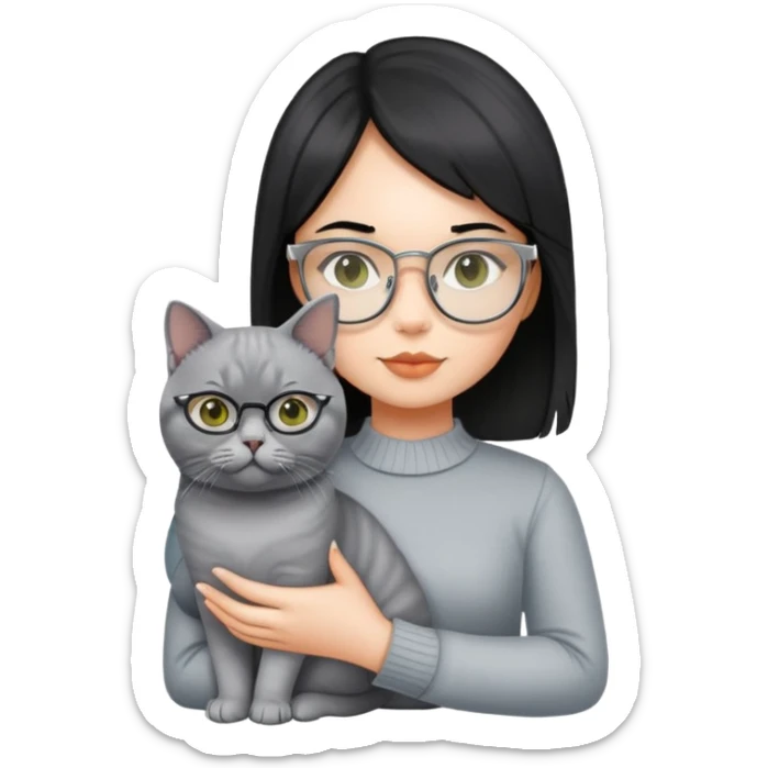 A girl wear silver mental glasses black hair holding a British short hair cat and a Chartreux sticker