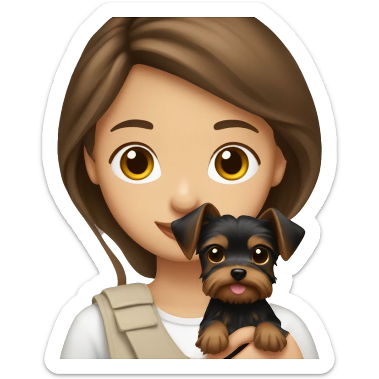 girl with brown hair and brown eyes holding a yorkie sticker