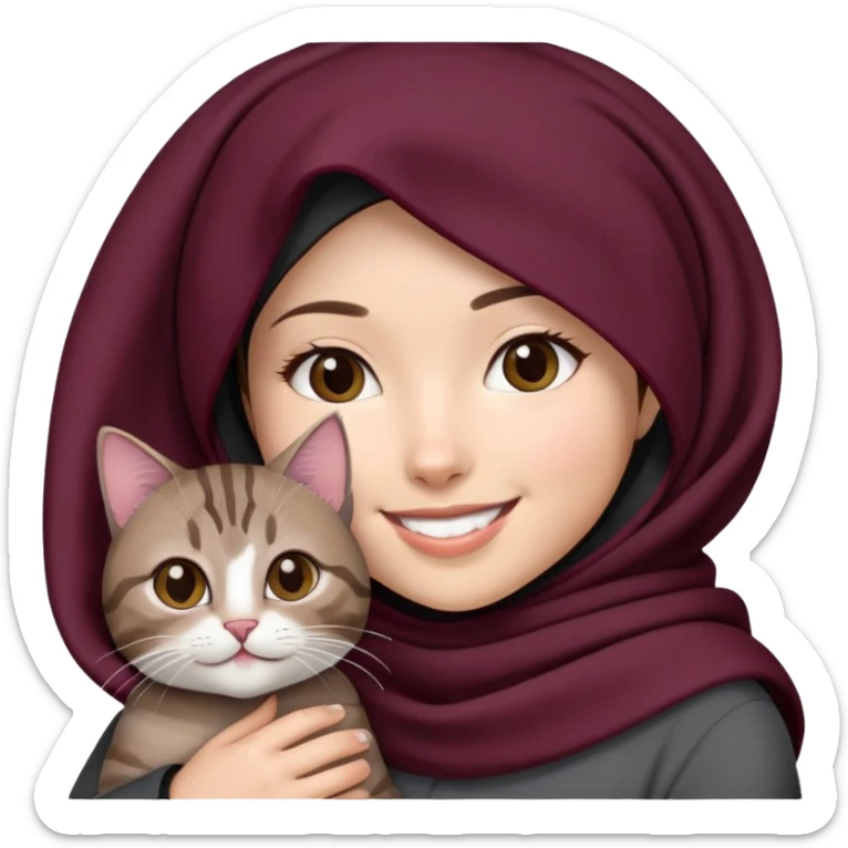 Asian white Girl wearing dark maroon hijab with white shirt smiling while holding a black brown grey tabby cat sticker