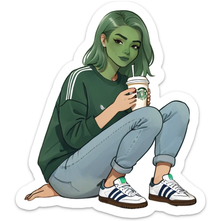 Girl wearing light blue denim jeans and adidas samba shoes with a navy sweatshirt holding a Starbucks coffee sticker