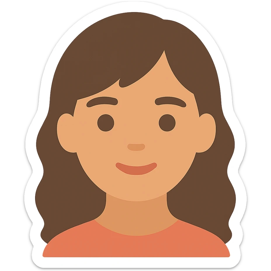 portrait of an Asian girl with medium brown wavy hair and brown eyes, color icon style sticker