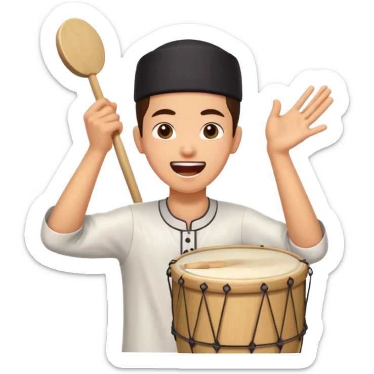 person enthusiastically beating a drum and shouting 'tung tung tung sahur', festive and energetic, Ramadan sahur wake-up call sticker