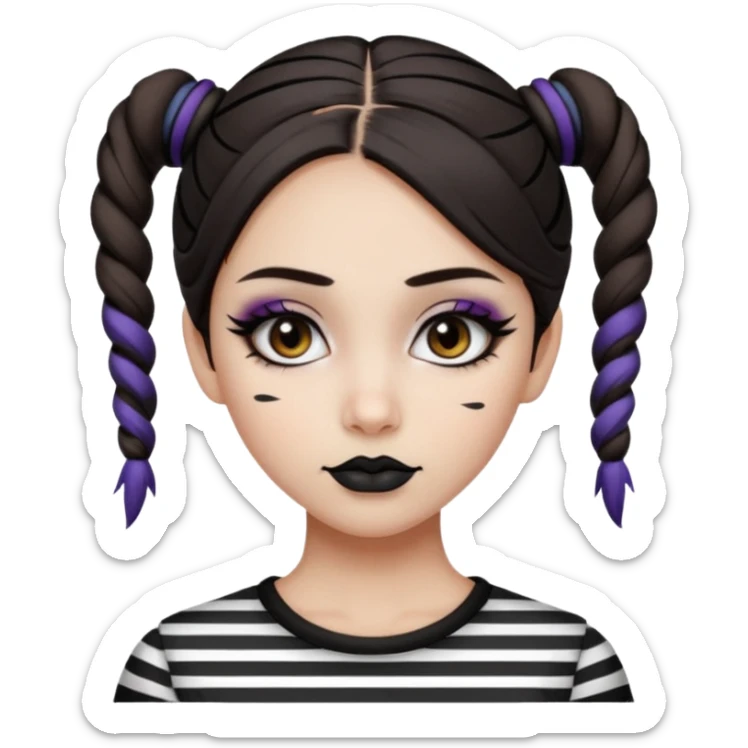 generate a pretty fair bratz girl with dark brown eyes. Dark brown hair straight hair with coloured highlights tied into buns.  eyeliner. black lipstick. Wearing a white and black striped top sticker