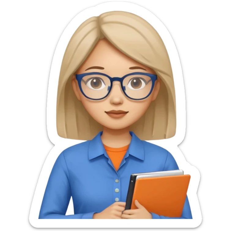 An asian woman with papers and laptop wearing glasses in blue and orange shirt sticker