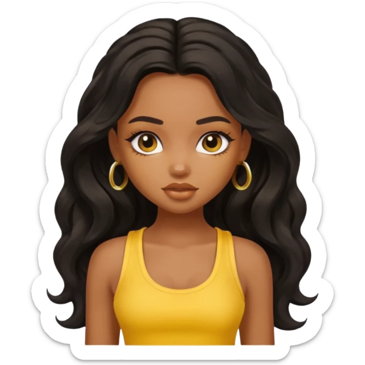 a pretty bratz dusky girl with long wavy black hair in a yellow tank top sticker