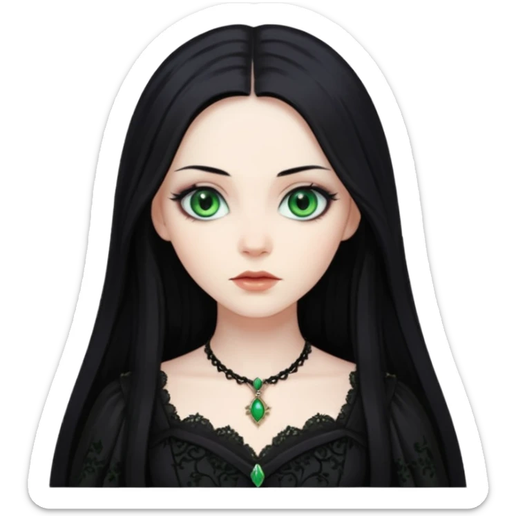 long black hair, green eyes, pale skin, a Gothic dress sticker