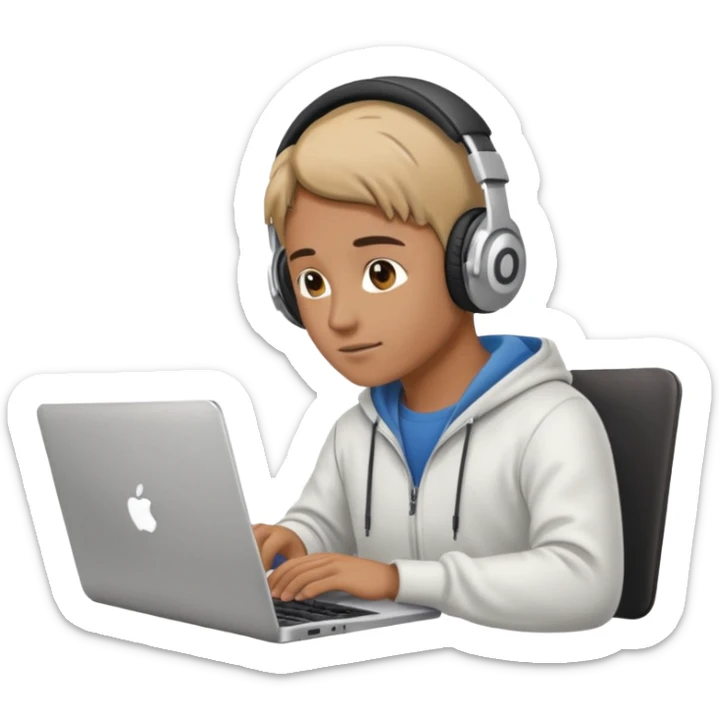 laptop ile çalışan kulaklık tana biri, bilgisayar logosuz olsun sticker