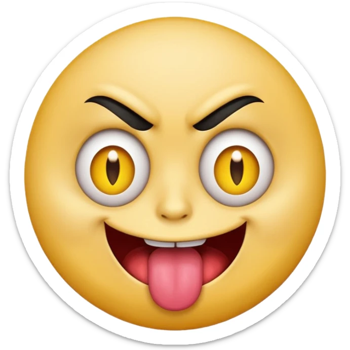 A yellow round face emoji smirking with its tounge out but the eyes are evil and kind of crazy and only one of the eyebrows is raised higher than the other eyebrow sticker