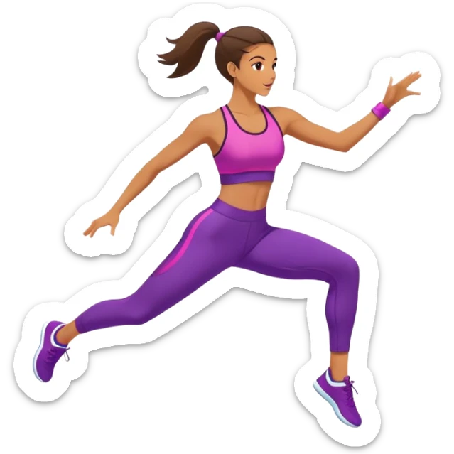 A person in activewear performing an energetic aerobics move, mid-jump, in a bright gym. The background is simple and clean, focusing on the movement and coordination. The style is vibrant, energetic, and motivating. sticker