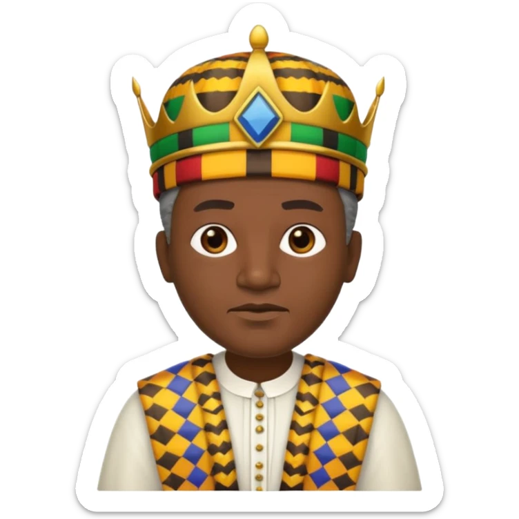 Create an emoji of an Old serious African king wearing kente cloth, white shirt and kufi hat sticker