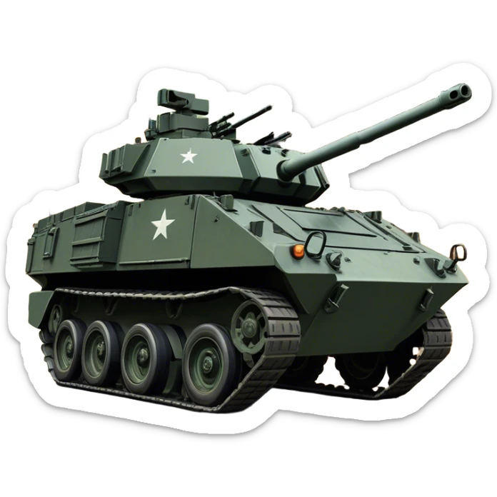 Stryker M1126 (2020) – Cinematic-realistic Stryker M1126 armored personnel carrier, its dark grey-green hull speeding down a war-torn street. The eight large wheels grip the cracked pavement as infantry hunker inside, the turret-mounted .50 cal machine gun scanning rooftops for threats under the eerie glow of distant fires. this tank has wheels and NOT TRACKS sticker