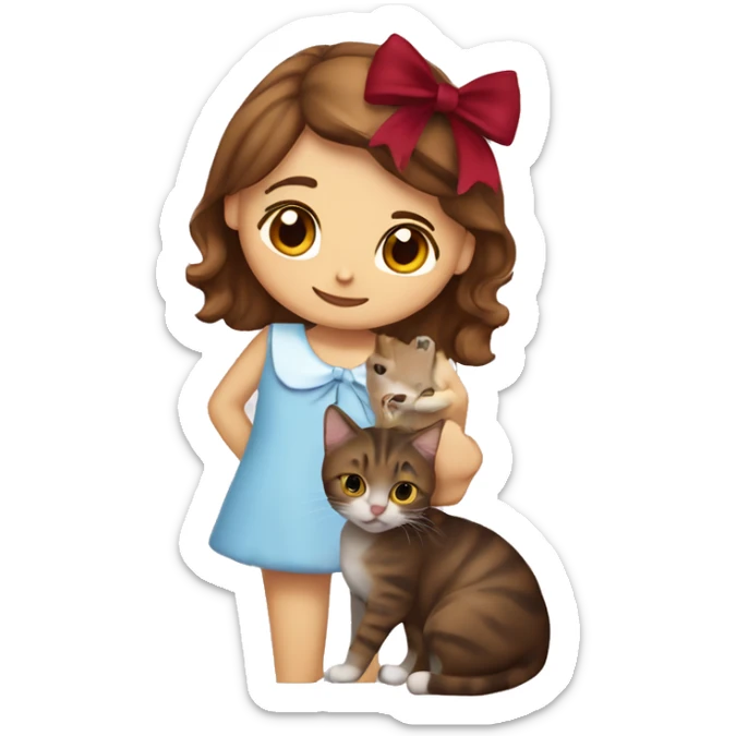 A girl with brown hair en brown eyes hugging a tabby cat kitten with a wine red bow on her head sticker