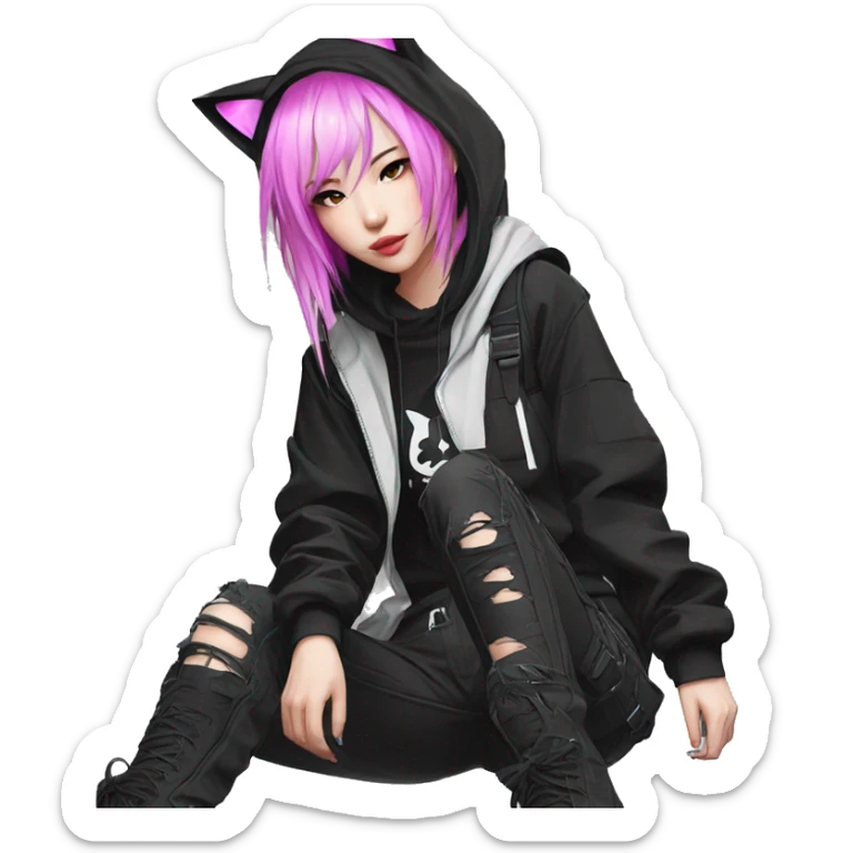 Edgy beautiful pretty anime punk tomboy with cat ears techwear cargo pants hoodie sticker