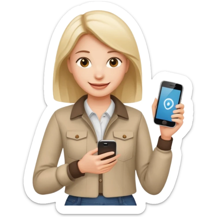 woman casual clothes holding just one phone in one hand and the other hand empty sticker