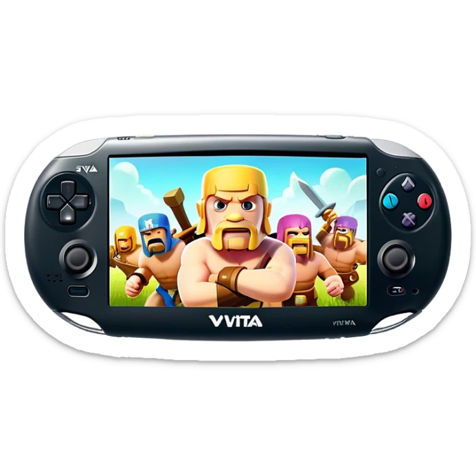 Clash of Clans aesthetic: Cinematic Playful PlayStation Vita Portrait Emoji, rendered in a 3D vector-style similar to standard emojis with minimal shading and bold, simplified shapes. A compact, distinct form with signature details, softly glowing with a cutting-edge console technology charm. Simplified yet unmistakably iconic, highly detailed and consistent, glowing with a soft radiance and high shine. Stylized with a touch of technological advancement and a soft glowing outline, capturing the essence of a beloved gaming relic with a friendly, playful manner! sticker