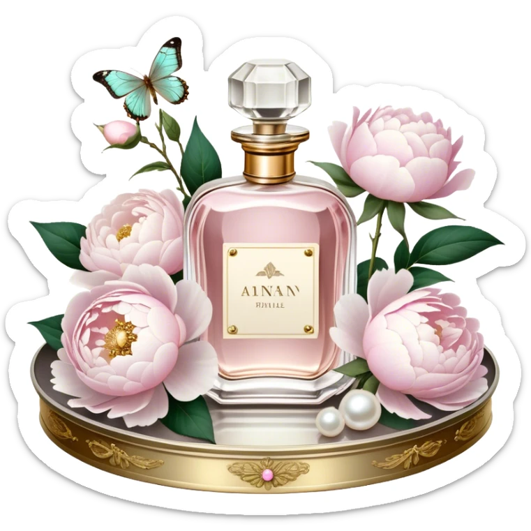 A dreamy still life of a vintage perfume bottle collection with golden embellishments, set on an antique silver tray, surrounded by lush white peonies and soft pink roses, with an iridescent pearl butterfly perched on a golden stopper.
 sticker