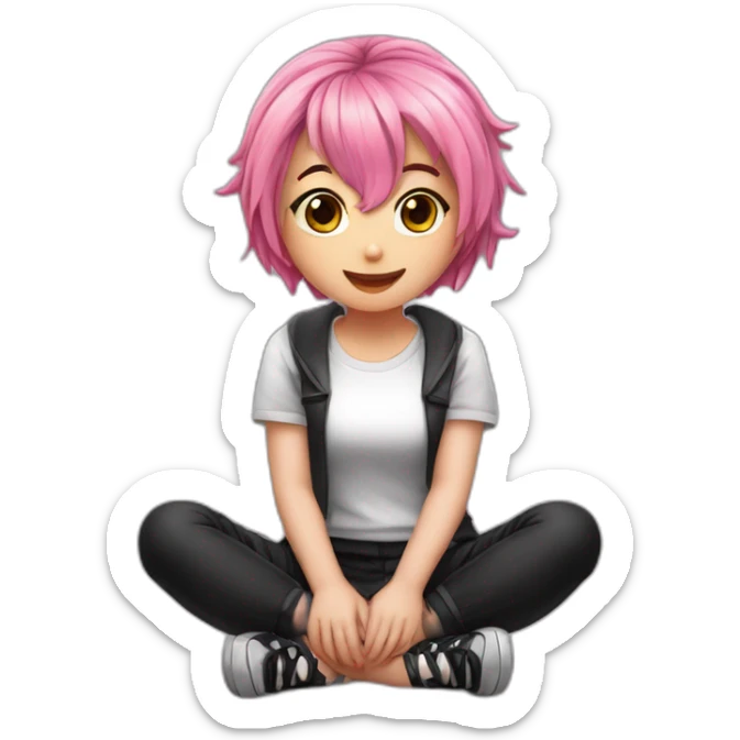 Full body Front view curvy emo girl pink hair sits on the floor straight view hands up black skirt полосатые рваные чулки sticker