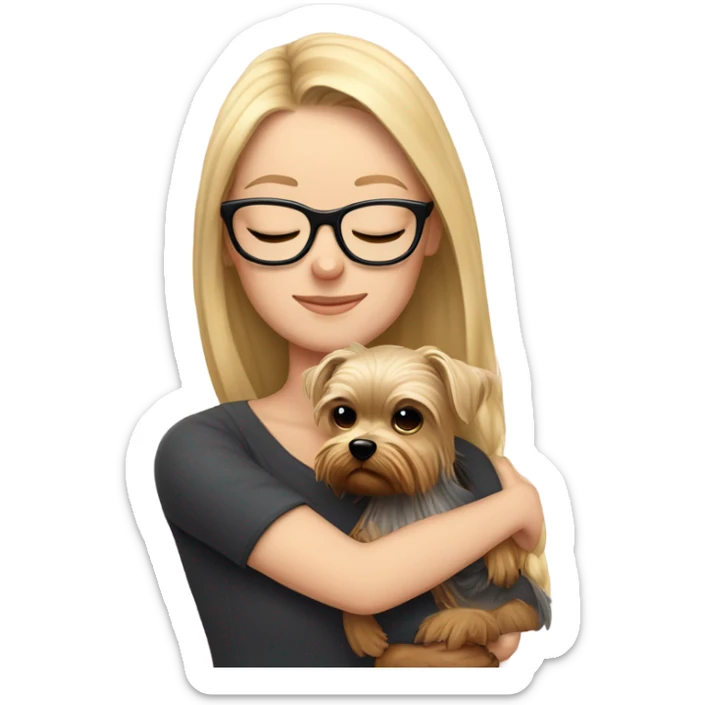 White girl, blonde hair, eyes closed, wearing glasses hugs Yorkshire terrier  sticker