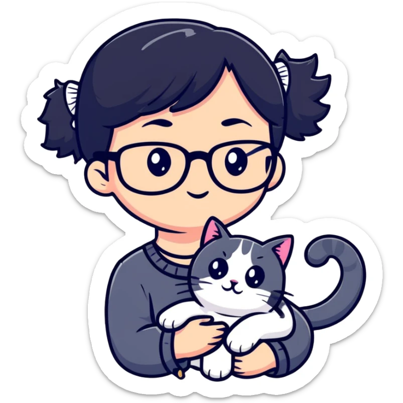 Girl with black hair wearing glasses holding a black and white cat sticker