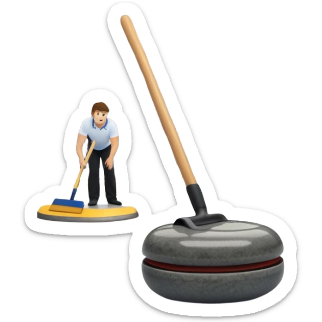 An icon showing a detailed close-up of a curling stone sliding across the ice, with a broom in motion beside it. The background features an indoor stadium with cheering spectators on the stands. Transparent background captures the strategy and focus of curling. sticker
