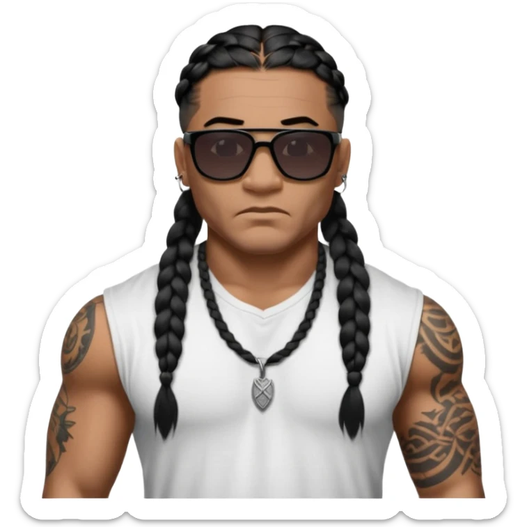 Samoan male. Chin hair only..
Untucked loose fitting white t-shirt. 
long black braided hair.
very muscular.
Even More tattoos. 
Tough and menacing.
Dark black square sunglasses. sticker