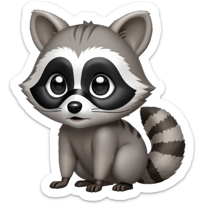 Cinematic-cute Raccoon-Realistic-hunched Full-Body on all fours-Emoji – Tail flicking lazily, head tilted dramatically, thick grey fur with a signature black mask, sharp and alert ears, simplified yet realistic focused features, highly detailed, glowing with an almost sarcastic glow. big black eyes sticker