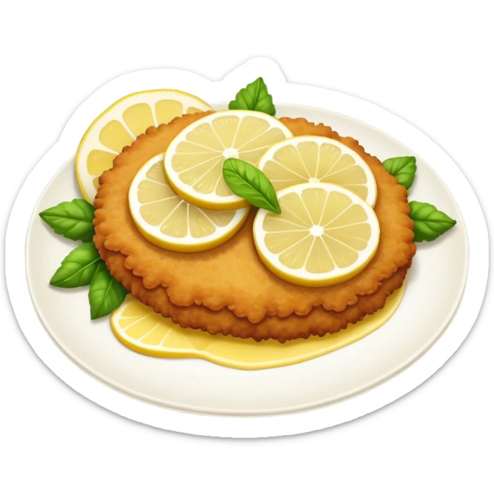 Cinematic Realistic Veal Schnitzel Dish Emoji, depicted as a golden, breaded veal cutlet served with lemon rendered with crisp textures and inviting, natural lighting. sticker