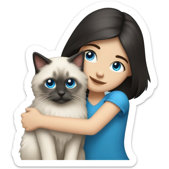 Dark-haired blue eyed girl hugging blue colorpoint ragdoll cat sticker