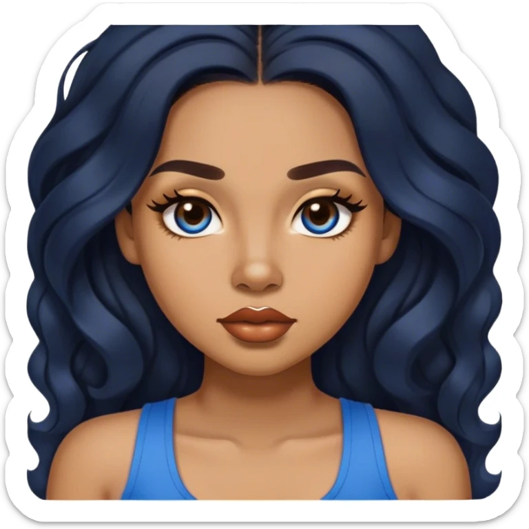 light brown skin tone, very beautiful woman, with big plump lips, long long lashes, black long wavy hair, middle hair parting, brown eyes, blue tank top sticker
