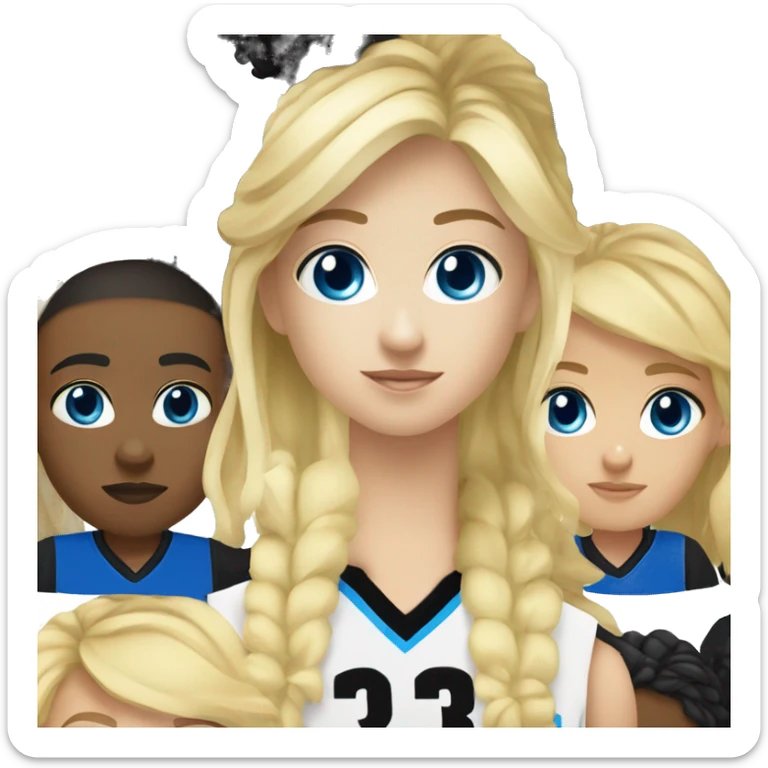 blonde blue eyes girl with boy with black hair and black eyes in basketball uniform number 31 sticker