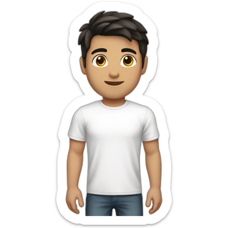 a young man, white skin, shorter black-brown hair and dark brown eyes wearing a white t-shirt sticker