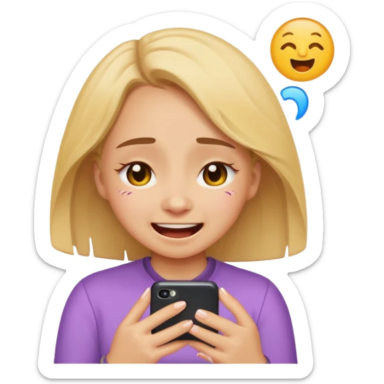 Girl crying laughing at a funny video on her phone. More emoji style. Less realistic sticker