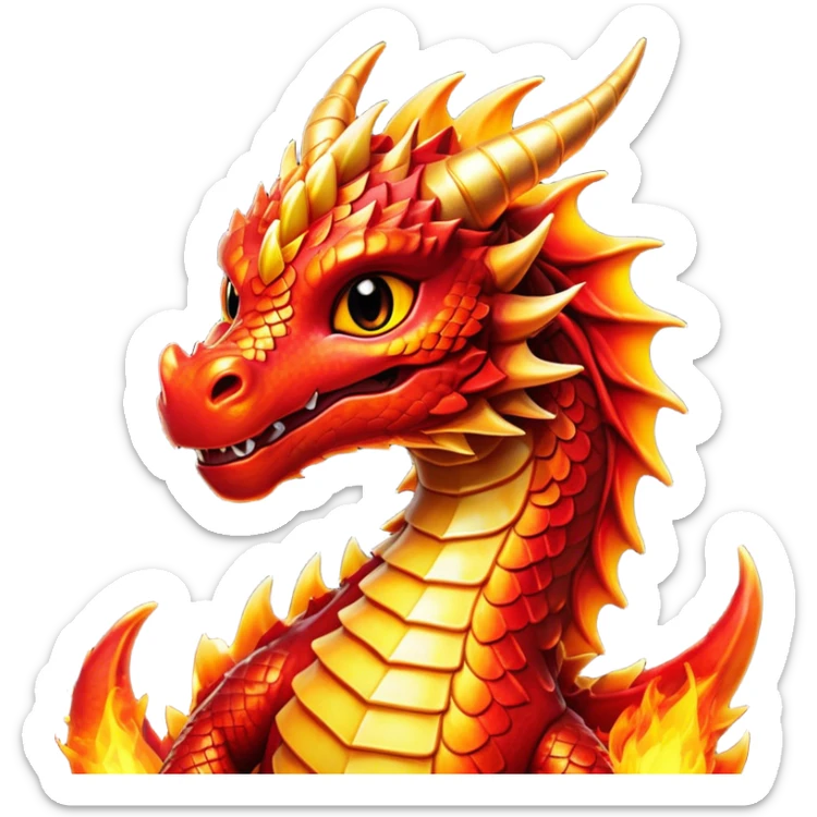 Cinematic Cute Fierce Fire Dragon Portrait Emoji, Head tilted playfully and inquisitively, showcasing a robust, flame-embellished form with intricately detailed scales in vibrant reds and glistening golds, accented by flickering ember highlights and a warm, inviting glow; rendered with lifelike detail and radiant natural light, high shine, spirited yet endearing, styled with a touch of blazing whimsy, soft glowing outline, capturing the essence of a mischievous yet charming inferno that seems ready to dance with playful fire! sticker