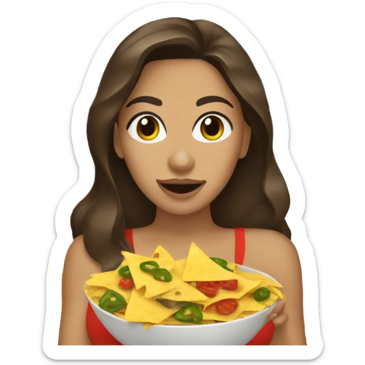 Brunette girl covered in nachos and cheese and jalapeno slices sticker